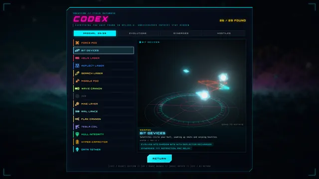 The in-game Codex showing the Bit Devices weapon